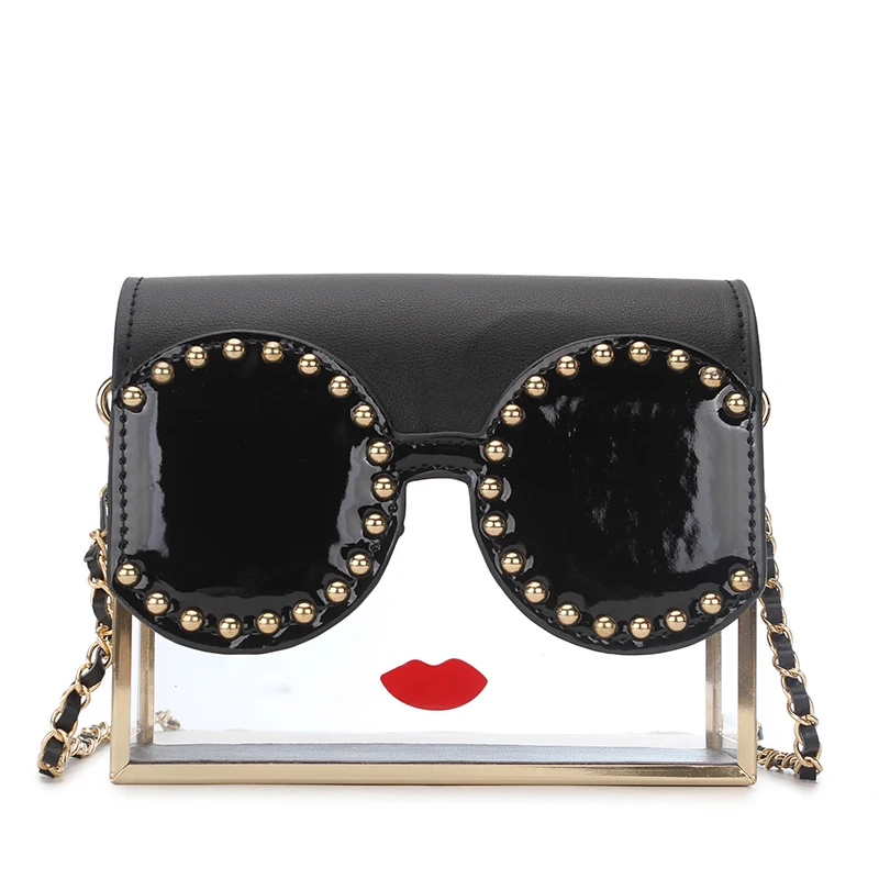 

Fashion Transparency Acrylic Box Shape Red Lips Rivet Design Metal Crossbody Messenger Bag Women Handbags Chain Purse Flap Bolsa