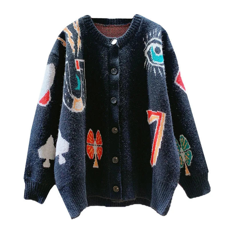 Abstract Graffiti Contrast Jacquard O-Neck Sweater Jacket Women 2022 Autumn and Winter New Loose Korean Knitted Cardigan 
Abstract Graffiti Contrast Jacquard O-Neck Sweater Jacket Women 2022 Autumn and Winter New Loose Korean Knitted Cardigan