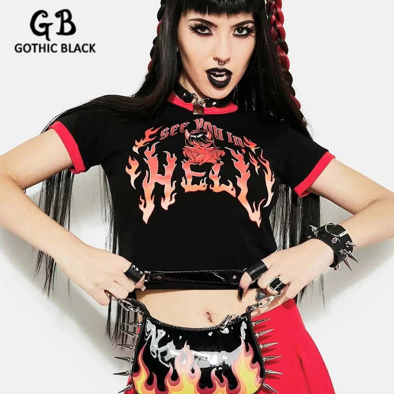 Gothblack Gothic Letter Demon Pattern Print Slim T Shirt Women Summer Short Sleeve Patchwork Skinny Crop Top Punk Streetwear
Gothblack Gothic Letter Demon Pattern Print Slim T Shirt Women Summer Short Sleeve Patchwork Skinny Crop Top Punk Streetwear