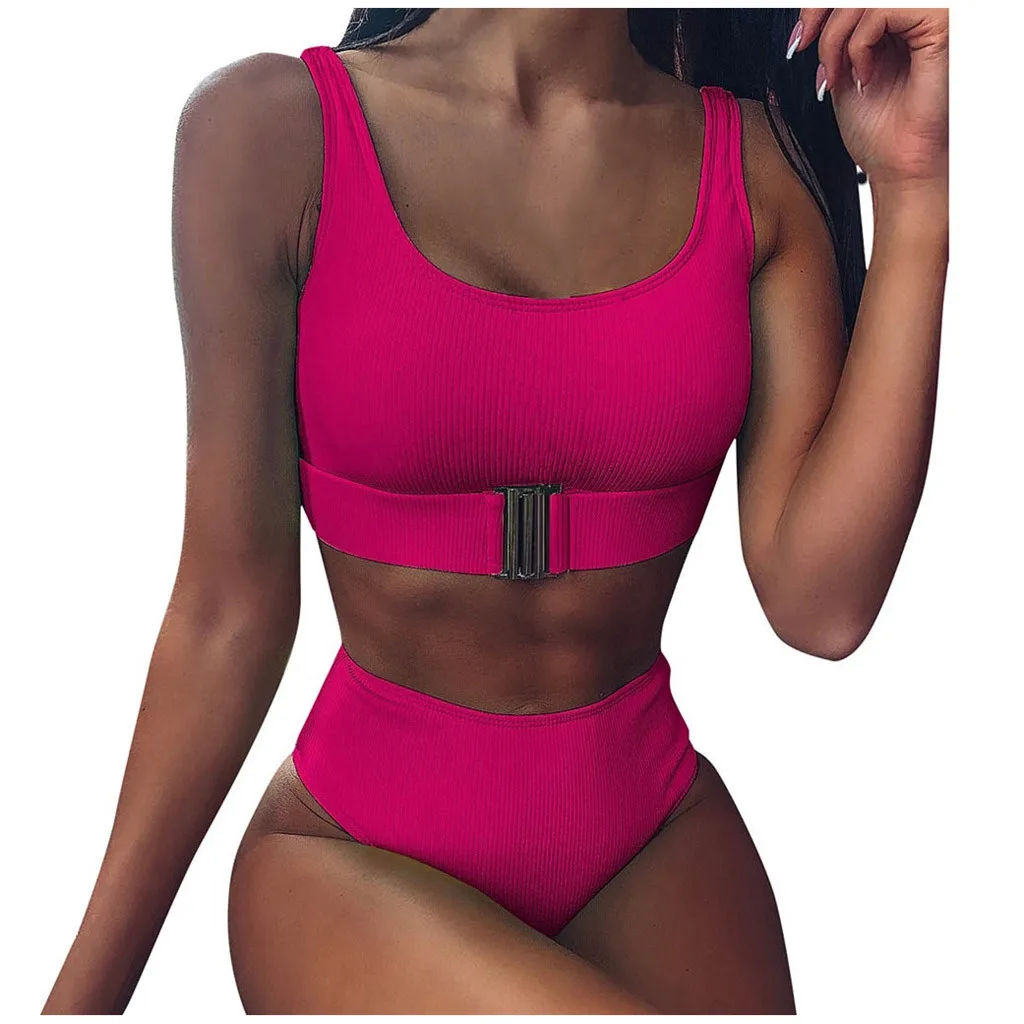 2020 Sexy High Waist Bikini Women Summer Beachwear Swimsuit Ribbed Neon Solid Buckle Set Push Up Swimwear Bathing Suit | Спорт и