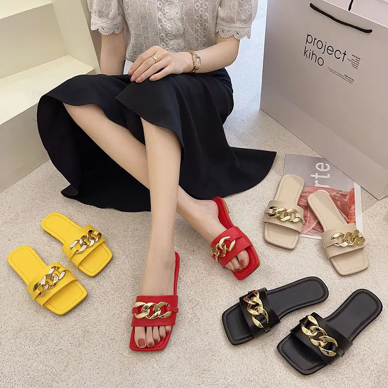 New Slippers Women Sandals Fashion Designer Platform Metal Chain Leather Flat Bottom Sandals Square Head Women's Slipper Shoes
New Slippers Women Sandals Fashion Designer Platform Metal Chain Leather Flat Bottom Sandals Square Head Women's Slipper Shoes