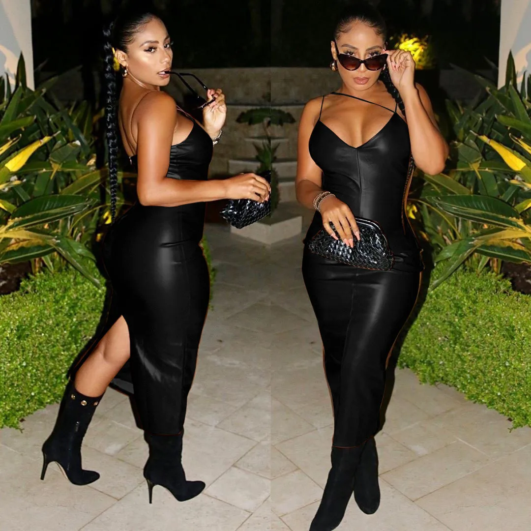 Sexy PU Spaghetti Strap Dress Women V Neck Backless Bodycon Dresses Faux Leather Party Club Wear Streetwear Streetwear Clothing
Sexy PU Spaghetti Strap Dress Women V Neck Backless Bodycon Dresses Faux Leather Party Club Wear Streetwear Streetwear Clothing