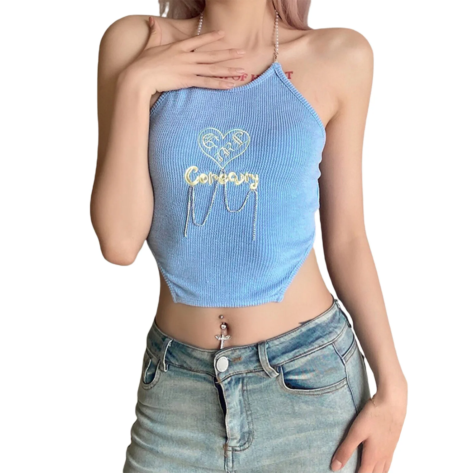 2021 Women Sexy Halter Neck Camisole, Blue Letters and Heart Embroidery Pattern Sleeveless Crop Tops
2021 Women Sexy Halter Neck Camisole, Blue Letters and Heart Embroidery Pattern Sleeveless Crop Tops