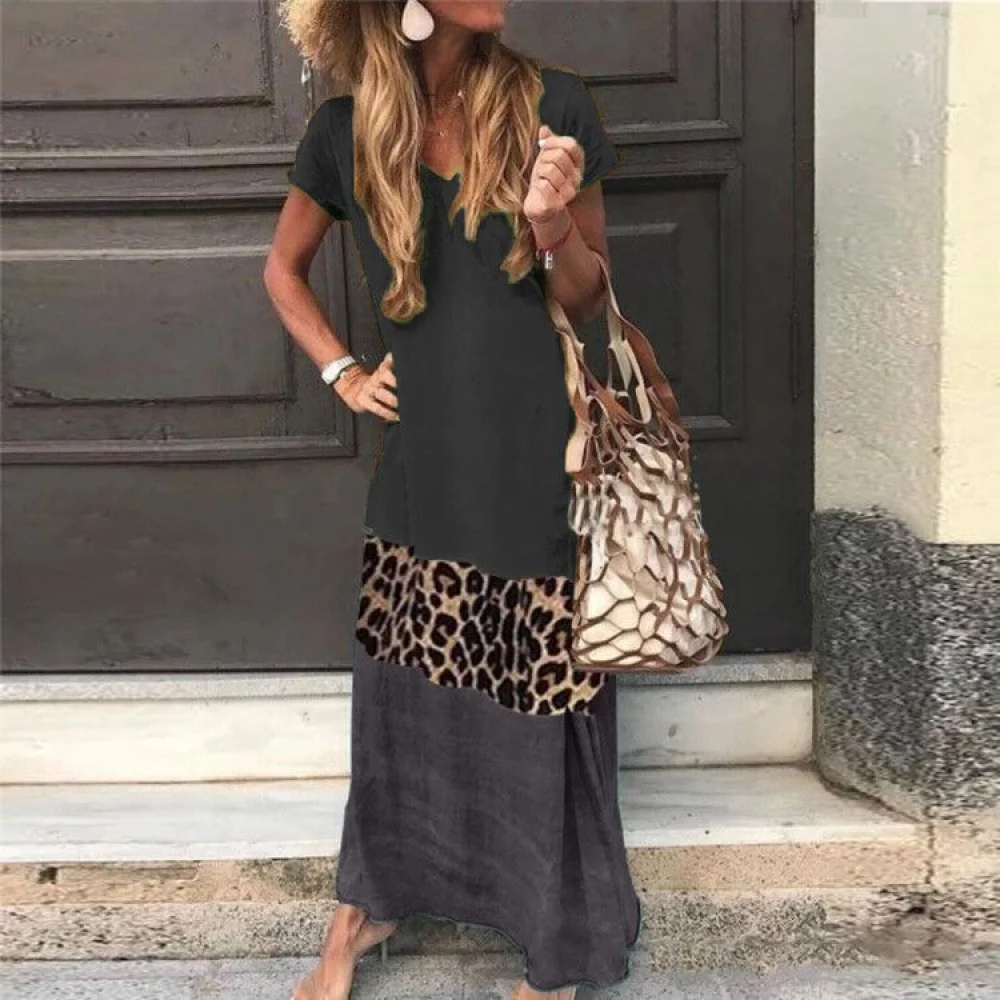 Simple And Loose Contrast Color Leopard Print Stitching Short-sleeved Printing V-neck Long Dress
Simple And Loose Contrast Color Leopard Print Stitching Short-sleeved Printing V-neck Long Dress