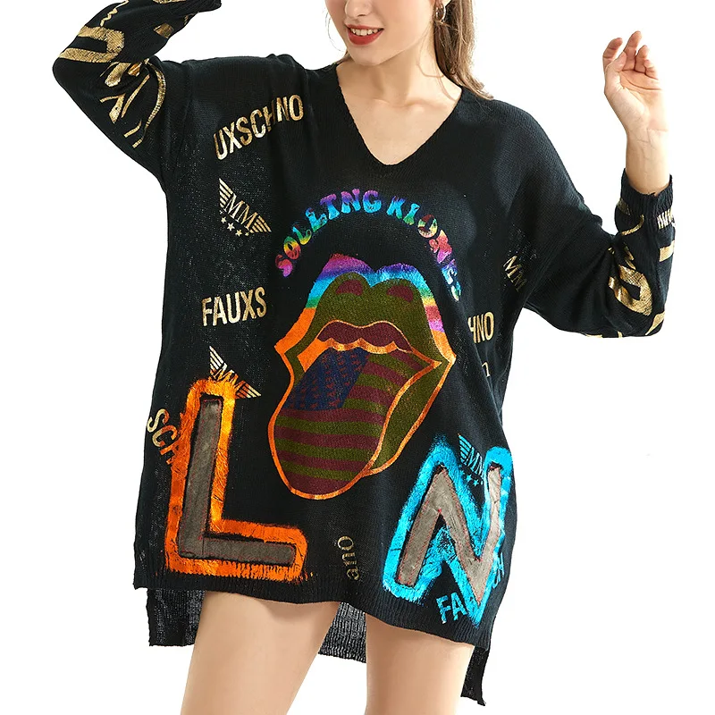 Autumn Winter Pullover Street Hip Hop Style Cotton Loose Plus Size Harajuku Bronzing Knitted Mouth Sweater V Collar Women 
Autumn Winter Pullover Street Hip Hop Style Cotton Loose Plus Size Harajuku Bronzing Knitted Mouth Sweater V Collar Women