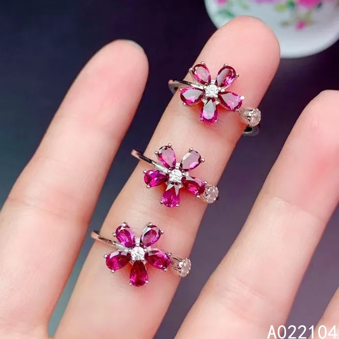 

KJJEAXCMY fine jewelry 925 sterling silver inlaid natural pyrope garnet women fresh elegant flower OL style open gem ring suppor