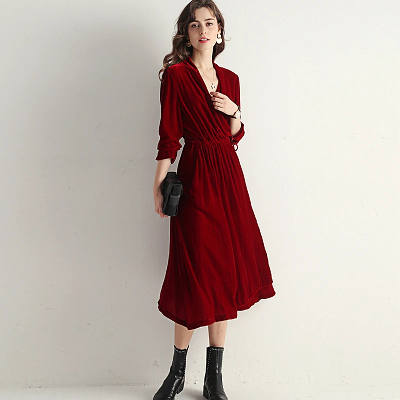 High Quality Silk Velvet Dress Elegant Style Silk Polyster Blended Solid V Neck A Dress Women Long Sleeve Dress New Fashion
High Quality Silk Velvet Dress Elegant Style Silk Polyster Blended Solid V Neck A Dress Women Long Sleeve Dress New Fashion