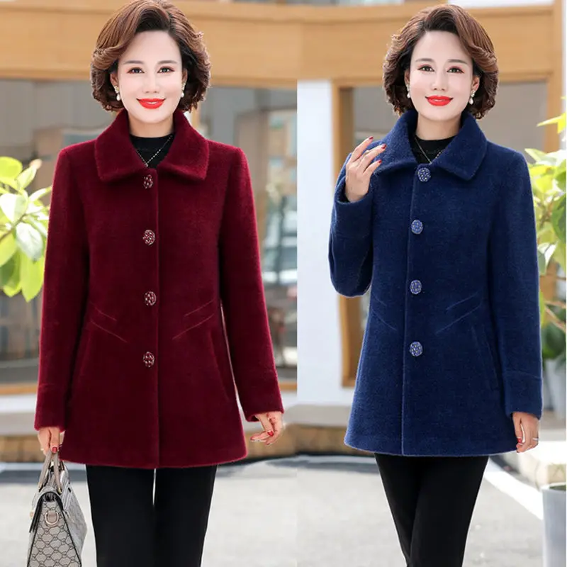 

Autumn Winter Middle Aged Women Long Sleeve Faux Mink Cashmere Sweater Cardigans Lady Thick Warm Knit Soft Outwear Top Coat Y820