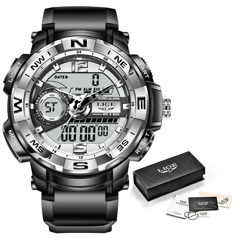 Мужские военные часы LIGE водонепроницаемые спортивные 50 м с секундомером