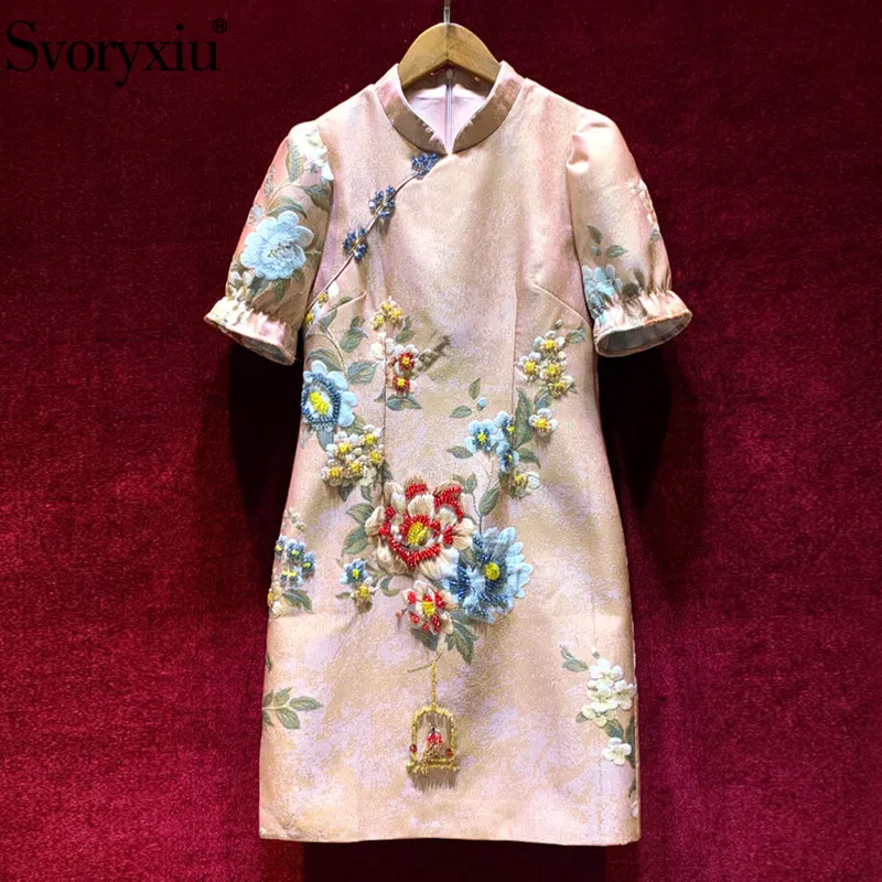 Svoryxiu Designer Autumn Vintage Party Short Dress Women's Short Sleeve Beaded Flower Print Jacquard Cheongsam Dresses Female
Svoryxiu Designer Autumn Vintage Party Short Dress Women's Short Sleeve Beaded Flower Print Jacquard Cheongsam Dresses Female