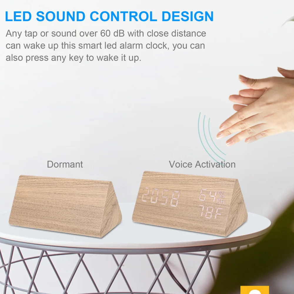 Creative Alarm Clock Wooden LED Alarm Clock Sound Control Desktop Alarm Clock
Creative Alarm Clock Wooden LED Alarm Clock Sound Control Desktop Alarm Clock