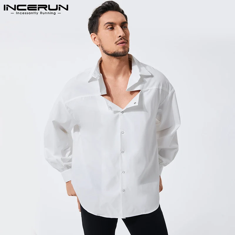

Рубашка INCERUN мужская с отложным воротником, модная однотонная индивидуализированная Повседневная с длинным рукавом и пуговицами, уличная о...