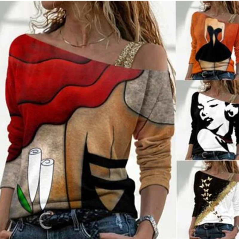 New Personality Printed Diagonal Collar Fashion T-Shirt Sexy Autumn Casual Long-Sleeved Women's Top
New Personality Printed Diagonal Collar Fashion T-Shirt Sexy Autumn Casual Long-Sleeved Women's Top