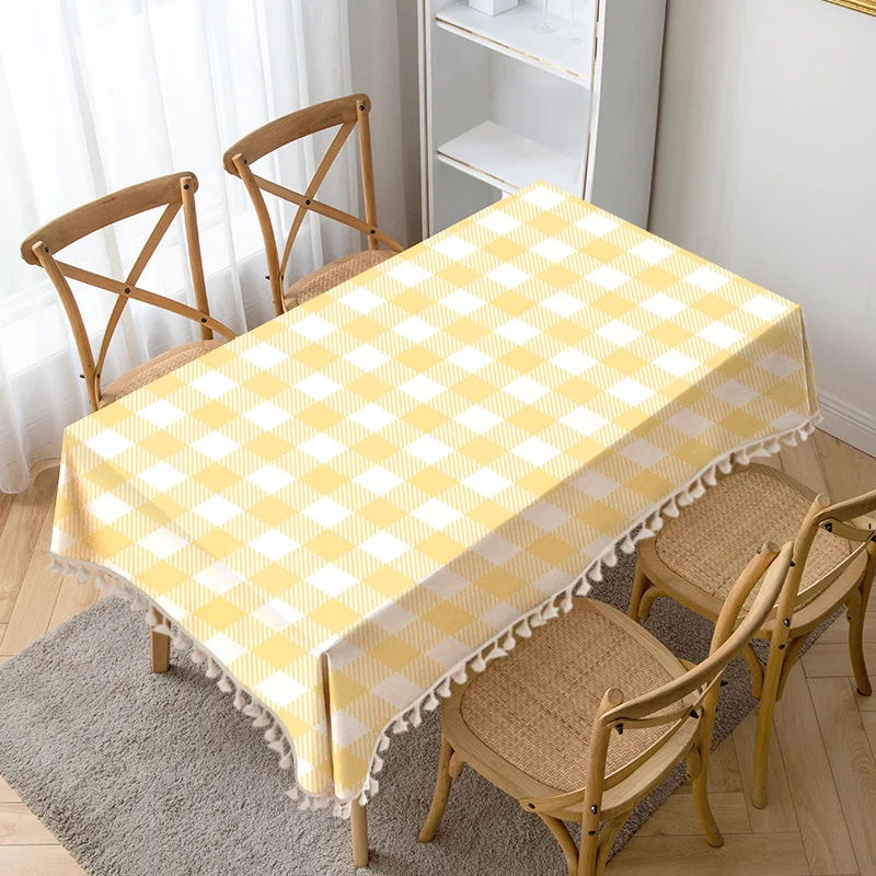 

Yellow Grid Printed Table Cloth Tassel Waterproof Tablecloth Thick Rectangular Manteles Mesa Nappe Wedding Decorate Table Cover