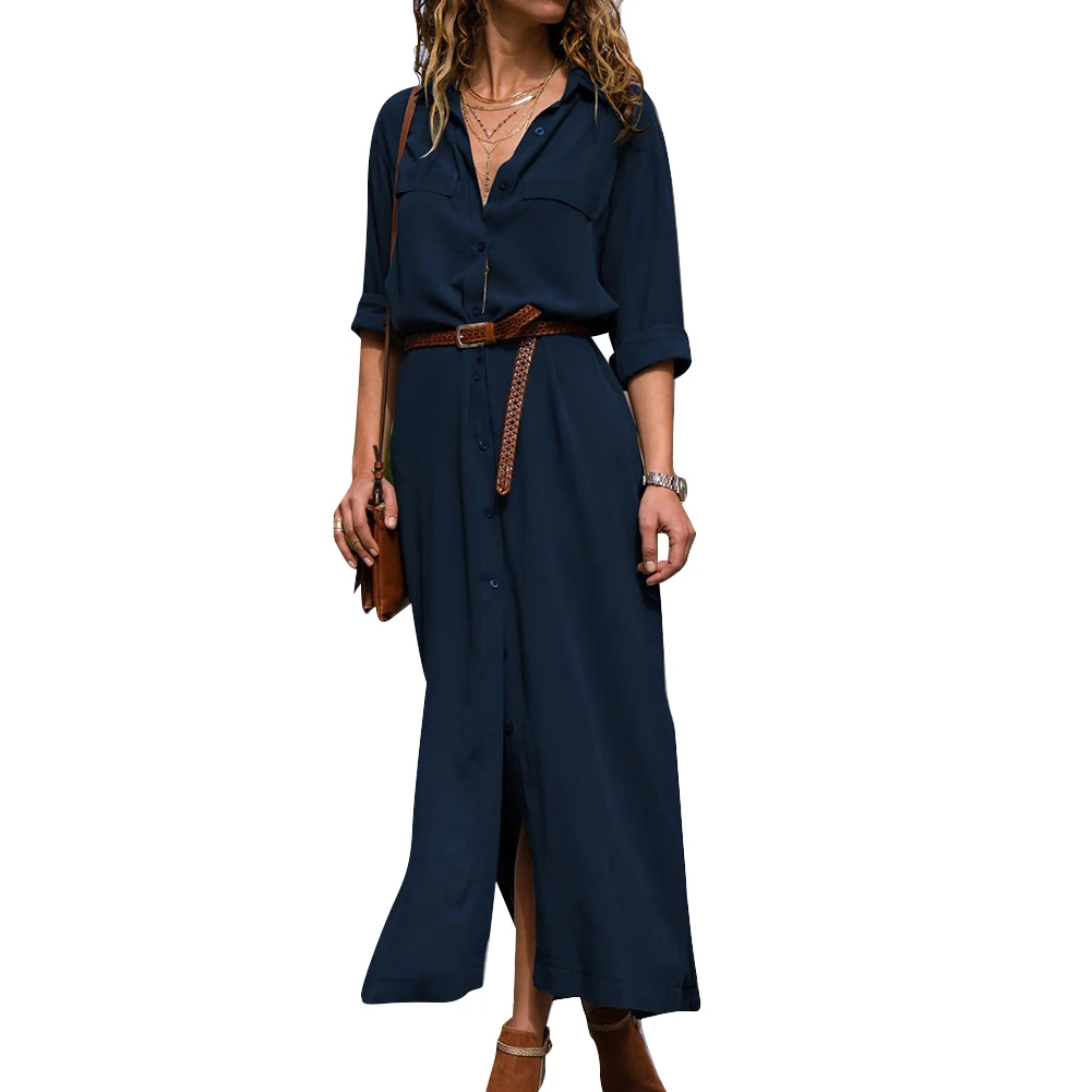Women Fashion Loose Long Sleeve Lapel Slit Buttons Wear Autumn Women Casual Dress 
Women Fashion Loose Long Sleeve Lapel Slit Buttons Wear Autumn Women Casual Dress