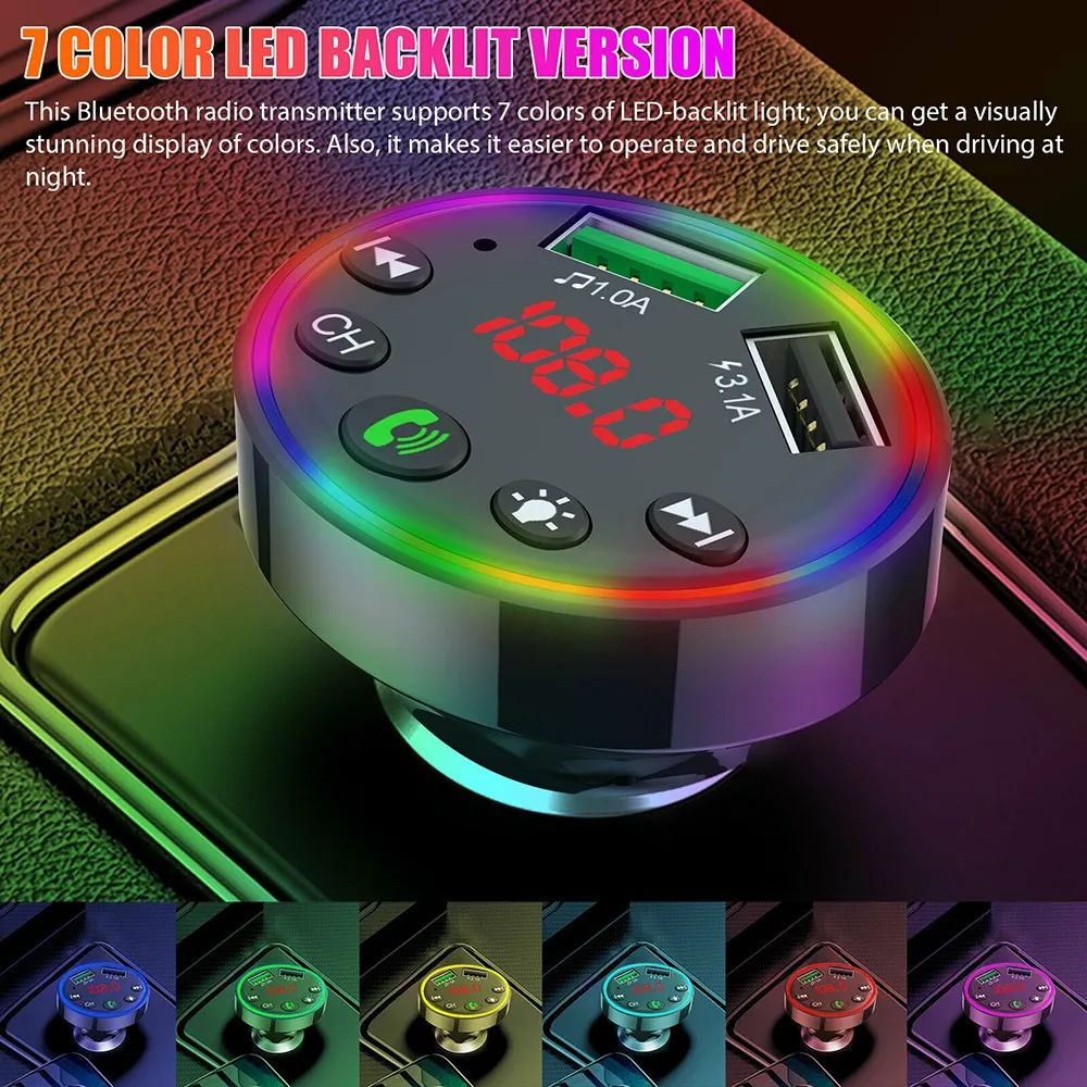 Car Bluetooth5.0 FM Transmitter Wireless Car FM Transmitter Kit Dual USB Charger 7-color Atmosphere Light Mp3 Player Music
Car Bluetooth5.0 FM Transmitter Wireless Car FM Transmitter Kit Dual USB Charger 7-color Atmosphere Light Mp3 Player Music