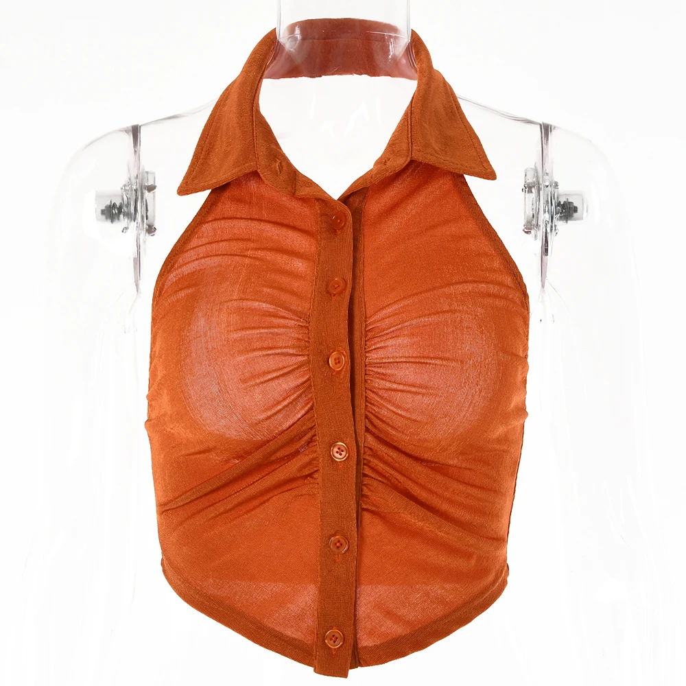 Sleeveless Halter Button Cropped Tops for Women Fashion Turn-Down Collar Solid Camis Female Sexy Skinny Ruched Crop Tops 
Sleeveless Halter Button Cropped Tops for Women Fashion Turn-Down Collar Solid Camis Female Sexy Skinny Ruched Crop Tops