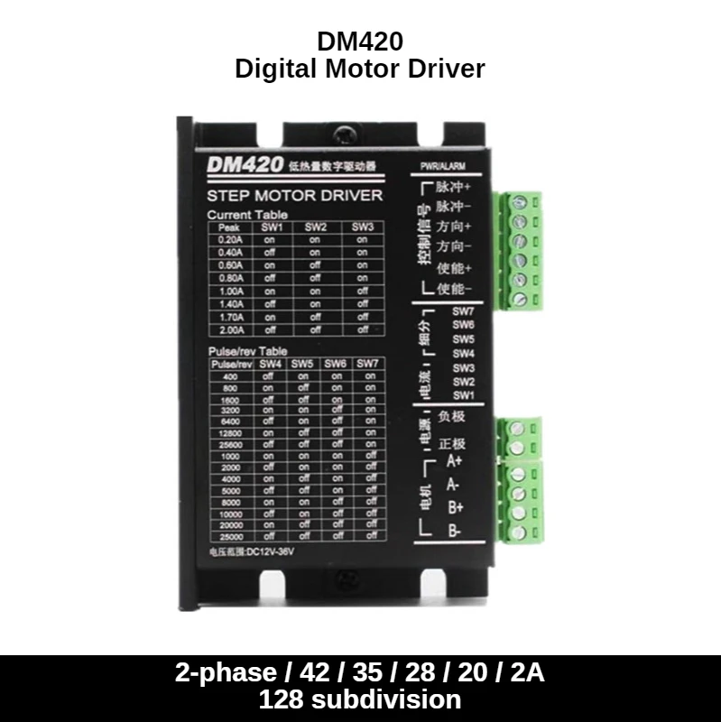 2-phase dm420 DSP stepping motor driver 2A 128 subdivision 12-36vdc 0.2-2a for engraving machine marking machine 42/35/28 motor
2-phase dm420 DSP stepping motor driver 2A 128 subdivision 12-36vdc 0.2-2a for engraving machine marking machine 42/35/28 motor