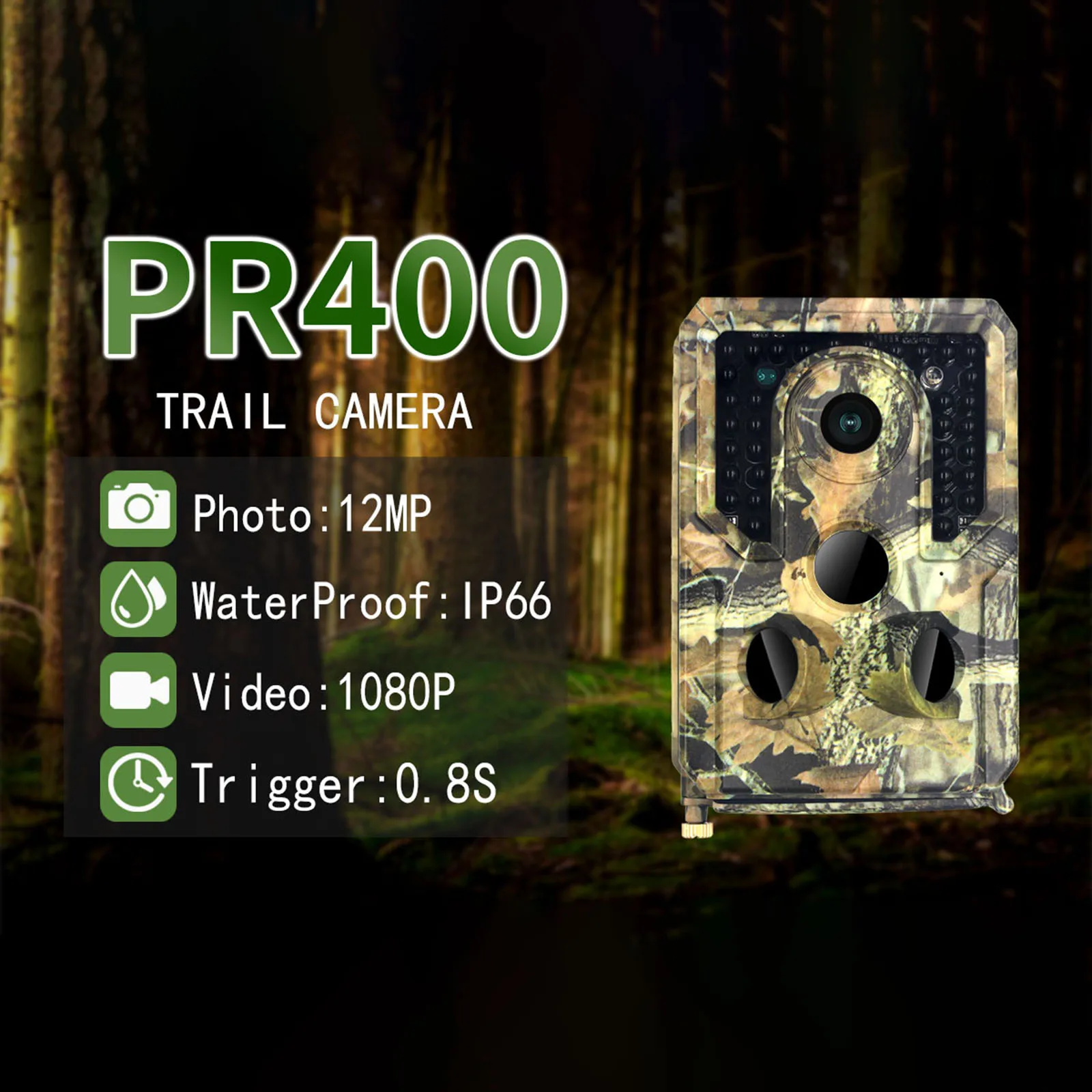 

PR400 12MP Trail Camera,1080P охотничья камера с 34 ИК светодиодами ночного видения 0,8 s время запуска IP54 для наблюдения за дикой природой