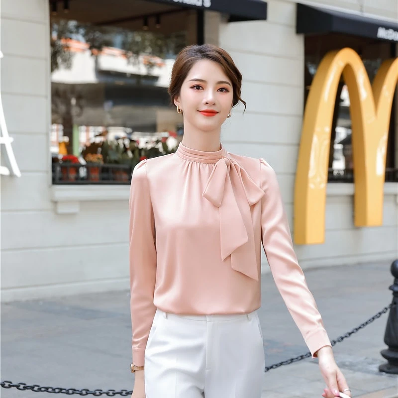 Модные Розовые блузки с длинным рукавом рубашки Высококачественная тканевая