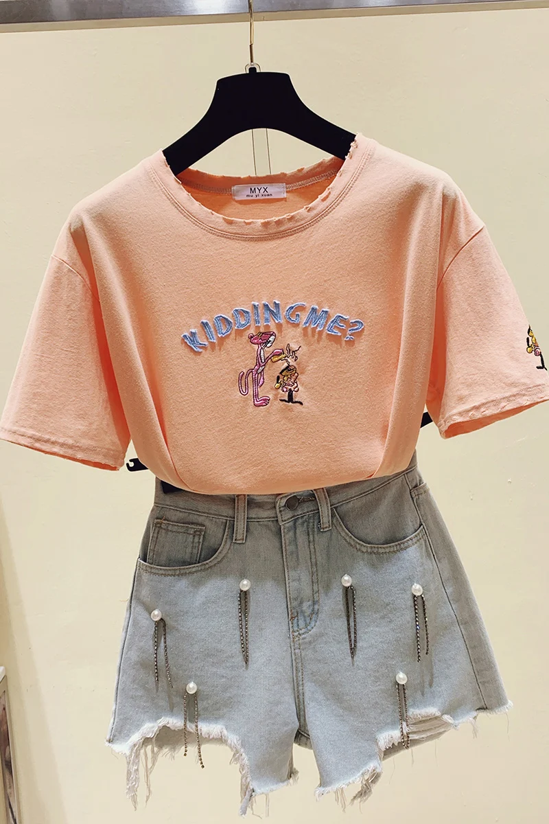 loose Shirt Solid Color Basic T Shirt Women Casual Harajuku Summer Top Korean Short T-shirt Cartoon embroidery Cotton Tshirt
loose Shirt Solid Color Basic T Shirt Women Casual Harajuku Summer Top Korean Short T-shirt Cartoon embroidery Cotton Tshirt