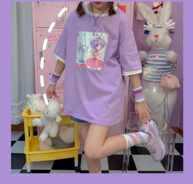 Harajuku Япония Стиль волшебный мультфильм Ангел кремово Мами футболка с коротким