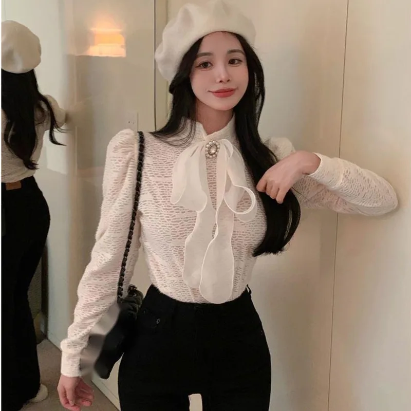 French Pearl Button BowWomen's Shirts With Bow Knots Puff Sleeves Half-high Neck Mesh Long-sleeved Shirts Winter White Tops A24R
French Pearl Button BowWomen's Shirts With Bow Knots Puff Sleeves Half-high Neck Mesh Long-sleeved Shirts Winter White Tops A24R