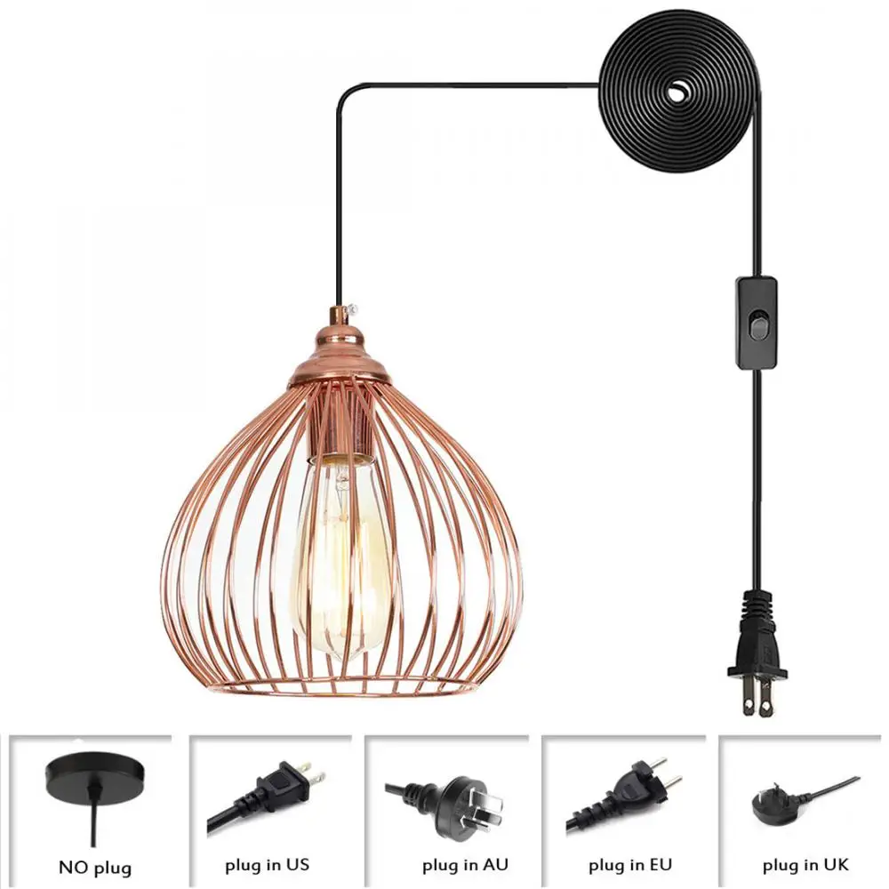 Rose Gold Hanging Light Fixture Diy Adjustable Plug In Pendant Lighting Vintage Metal Wire Cage Ceiling | Лампы и освещение