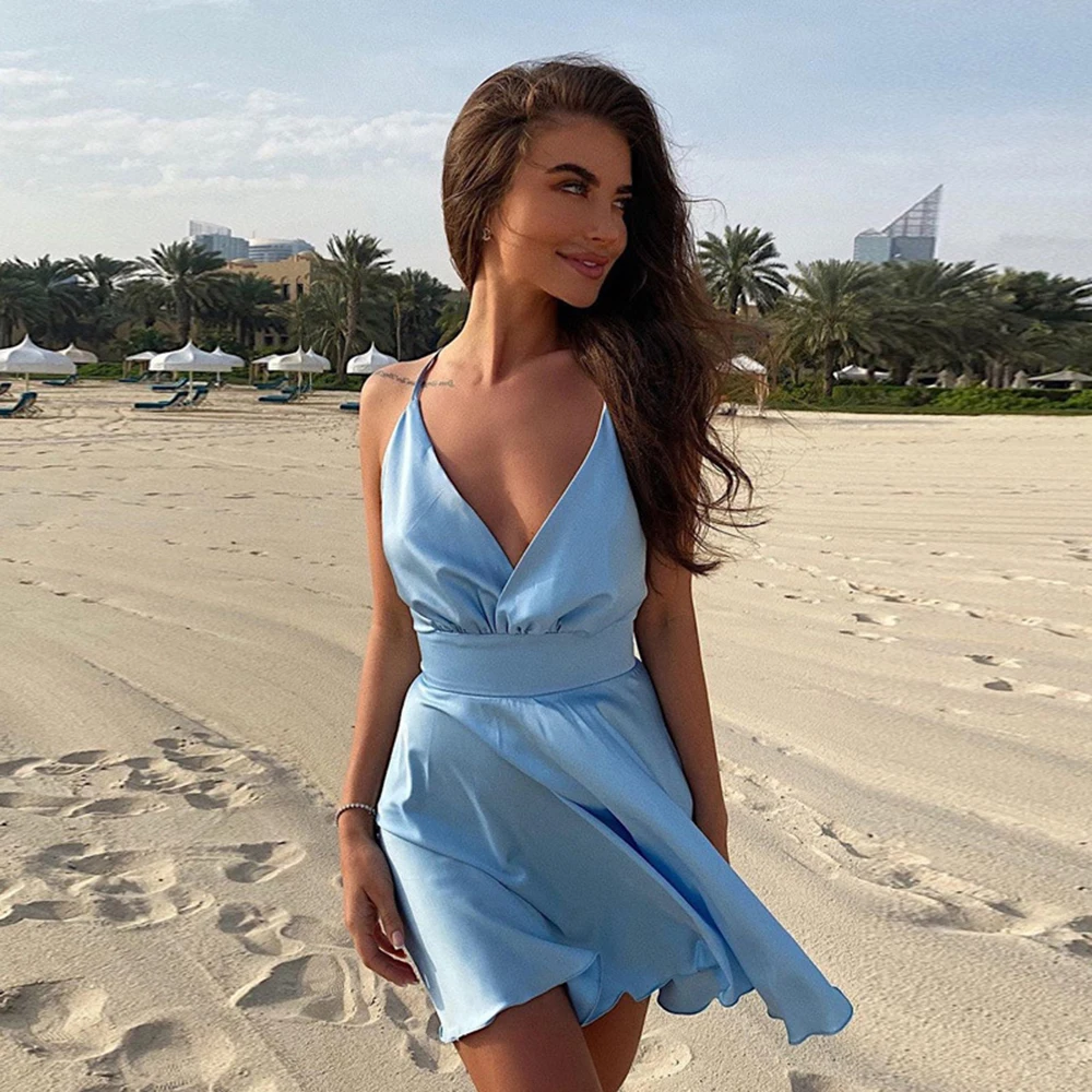 Summer Sexy Deep V-neck Pink Bow Spaghetti Mini Women Dress 2021 Fashion Beach Backless Dresses For Women Blue Vestidos Femme
Summer Sexy Deep V-neck Pink Bow Spaghetti Mini Women Dress 2021 Fashion Beach Backless Dresses For Women Blue Vestidos Femme