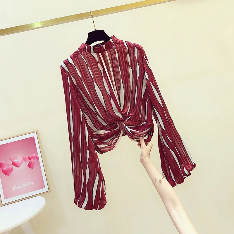 Autumn Women Top 2021 Korean Fashion Stand Neck Lantern Sleeve Cross Twisted Striped Shirts and Blouses Lady High Waist Blusas
Autumn Women Top 2021 Korean Fashion Stand Neck Lantern Sleeve Cross Twisted Striped Shirts and Blouses Lady High Waist Blusas