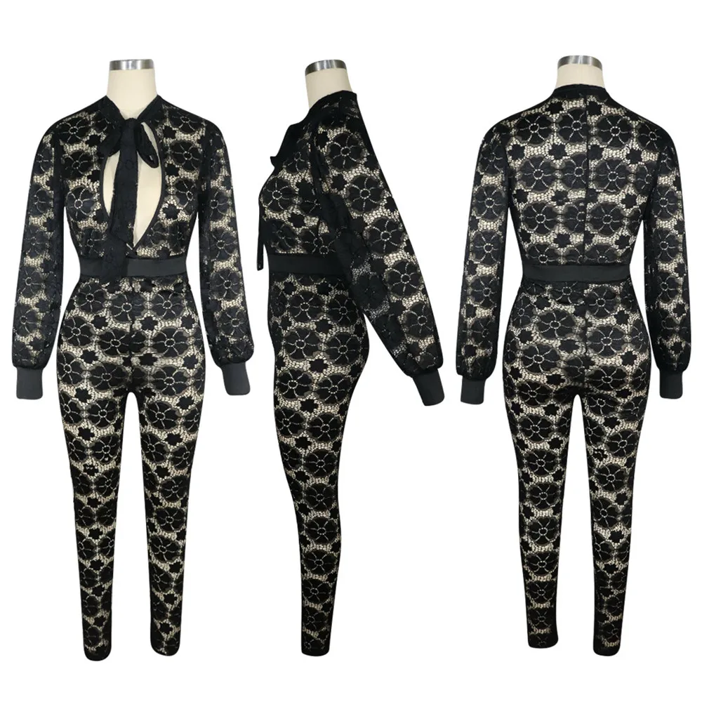Black Floral Lace Jumpsuit for Women V-neck Long Sleeve Sheer Bow Tie Bodycon Romper Elegant Christmas Night Club Sexy Overalls
Black Floral Lace Jumpsuit for Women V-neck Long Sleeve Sheer Bow Tie Bodycon Romper Elegant Christmas Night Club Sexy Overalls