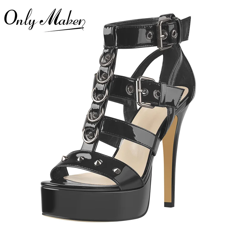 Onlymaker Summer Women's Platform Sandals Black Patent Leather Rivet Geometric Metal Buckles Cover Heel Thin High Heels Shoes
Onlymaker Summer Women's Platform Sandals Black Patent Leather Rivet Geometric Metal Buckles Cover Heel Thin High Heels Shoes