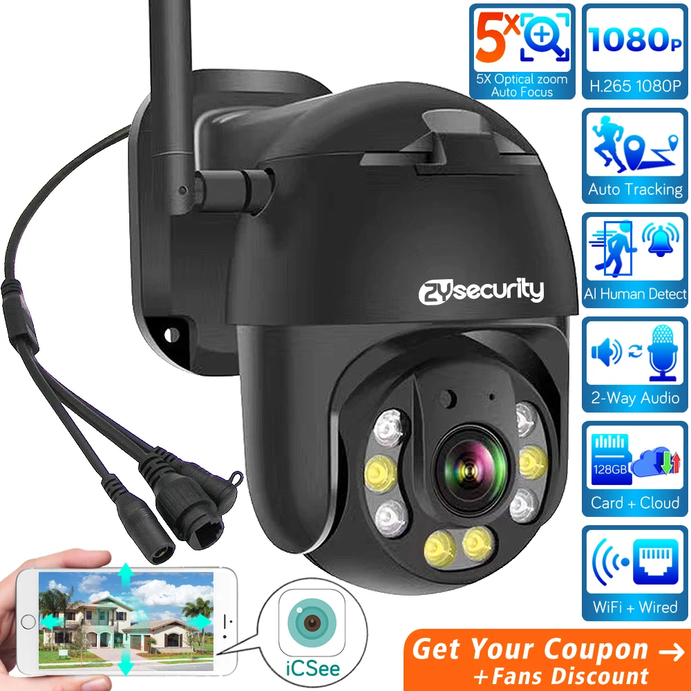 5X Zoom WiFi IP PTZ Camera Outdoor H.265 2MP Metal Black AI Motion Tracking Dual-light Speed Dome Camera CCTV Video Surveillance
5X Zoom WiFi IP PTZ Camera Outdoor H.265 2MP Metal Black AI Motion Tracking Dual-light Speed Dome Camera CCTV Video Surveillance