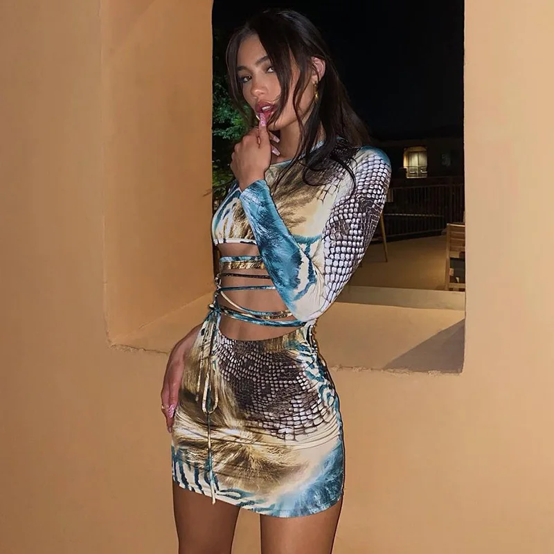 SKMY Outfits For Women Animal Print Tie-Dye Dresses Lace-Up Hollow Out Round Neck Pullover Long Sleeve Bodycon Dress Female
SKMY Outfits For Women Animal Print Tie-Dye Dresses Lace-Up Hollow Out Round Neck Pullover Long Sleeve Bodycon Dress Female