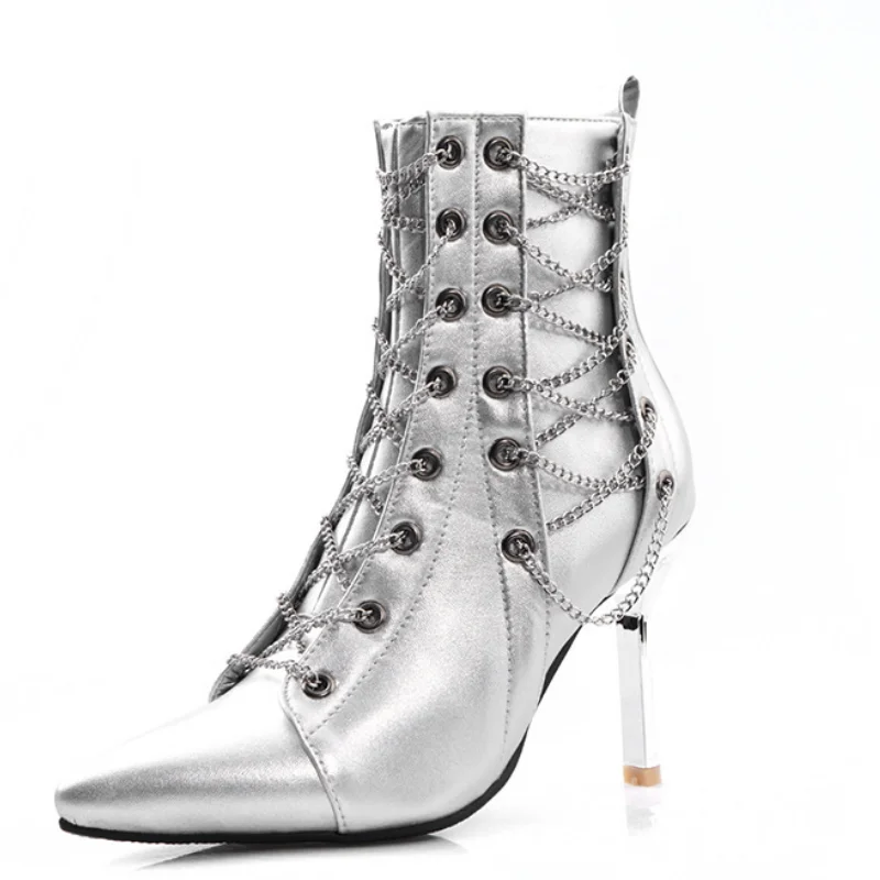 

Новинка 2023, модные ботинки, женская обувь для осени и зимы, украшенные цепочками, ботильоны, сексуальные женские ботинки на тонком каблуке, туфли-лодочки WSH4145