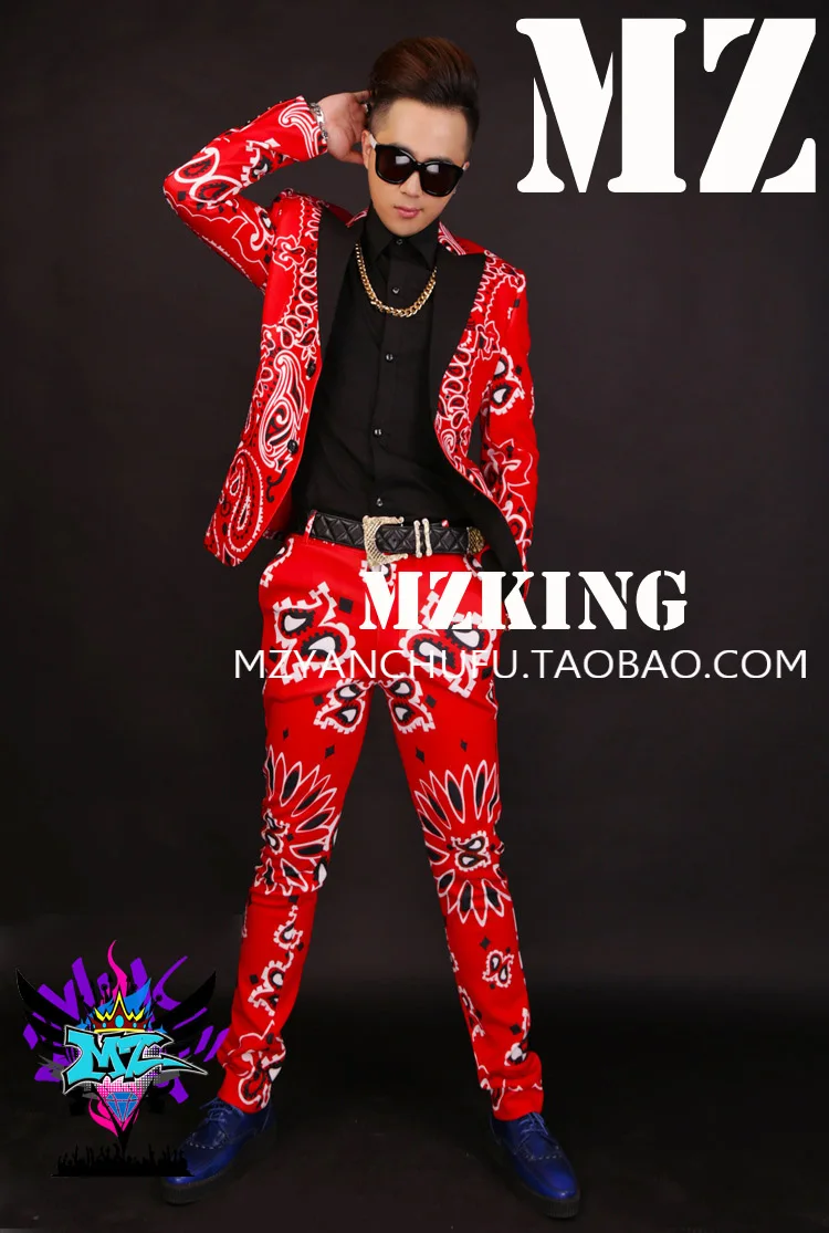2020 New Male singer male DJ party GD red cashew flower printing black collar stretch Fashion suit costume Set (Blazer+Pants)
2020 New Male singer male DJ party GD red cashew flower printing black collar stretch Fashion suit costume Set (Blazer+Pants)