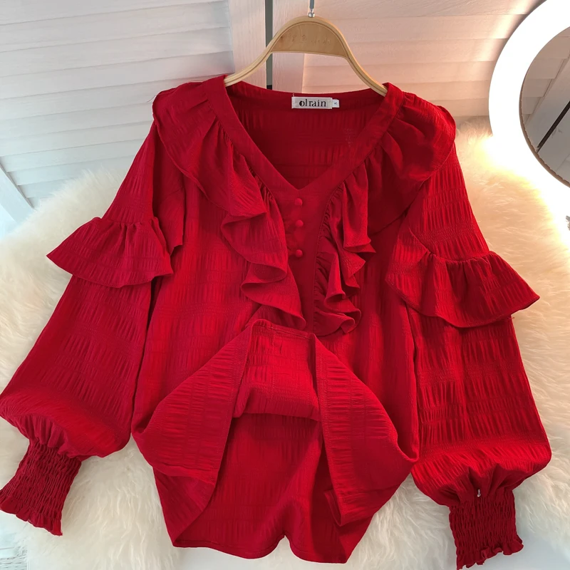 Women Red Lantern Sleeve Chiffon Blouse Shirt Female Layered Ruffled 2021 Autumn Vintage V Neck Sweet Long Sleeve Loose Tops New
Women Red Lantern Sleeve Chiffon Blouse Shirt Female Layered Ruffled 2021 Autumn Vintage V Neck Sweet Long Sleeve Loose Tops New
