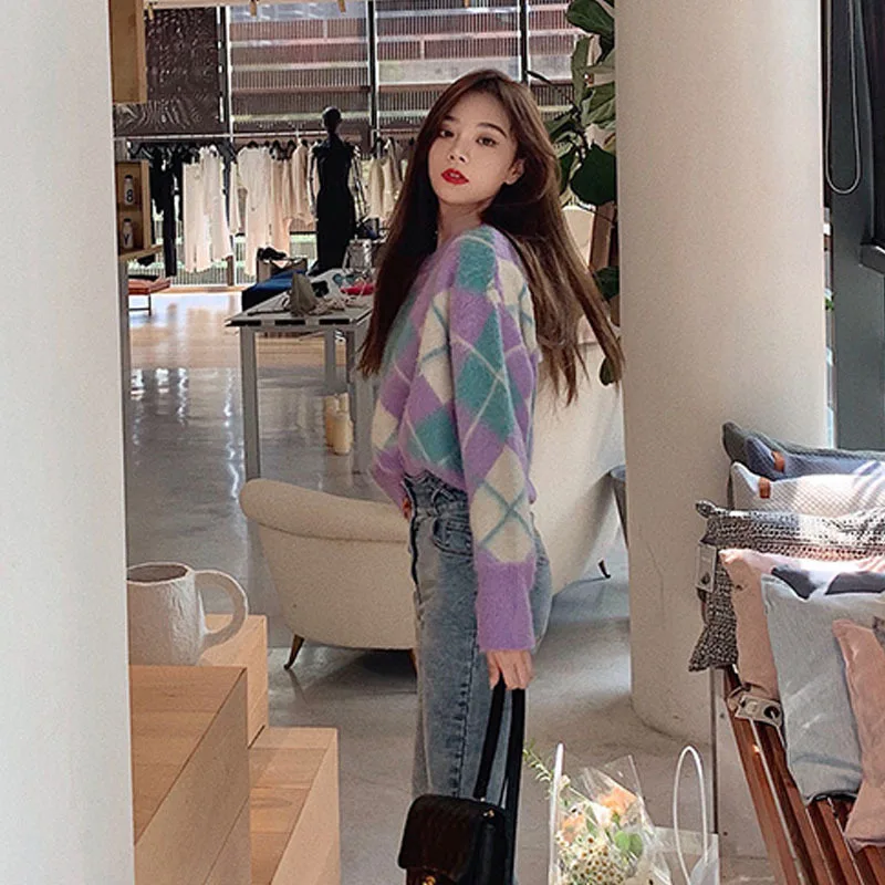 Fannic 2020 Autumn Argyle Pullover Long Sleeve Loose Knitted Round Neck Mohair Sweater for Women
Fannic 2020 Autumn Argyle Pullover Long Sleeve Loose Knitted Round Neck Mohair Sweater for Women