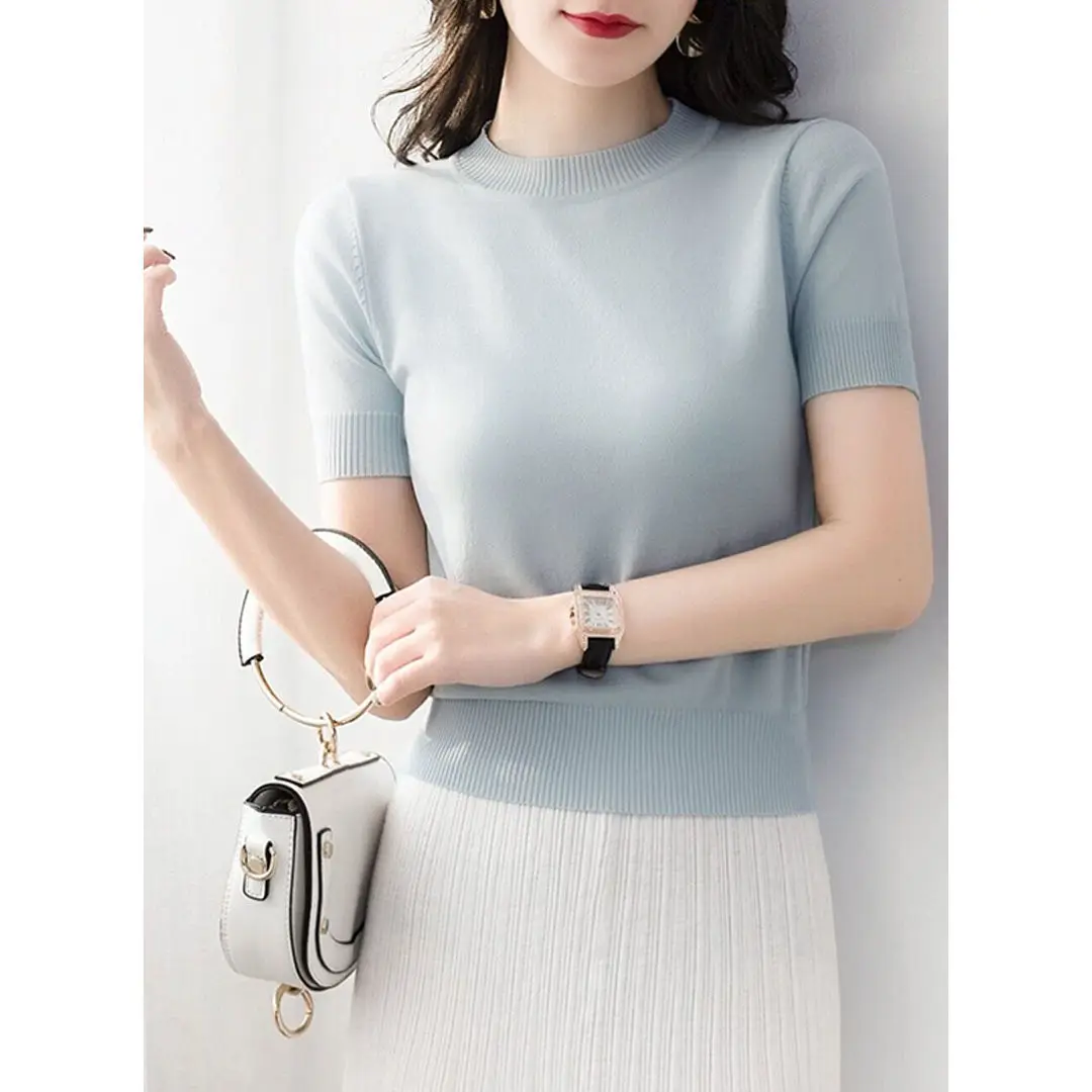 2021Sexy O-neck Ice Silk Knitted Sweaters for Women Fashion Summer Short Sleeve Slim Knittwear Pullover Tops Thin Ribbed Sweater
2021Sexy O-neck Ice Silk Knitted Sweaters for Women Fashion Summer Short Sleeve Slim Knittwear Pullover Tops Thin Ribbed Sweater