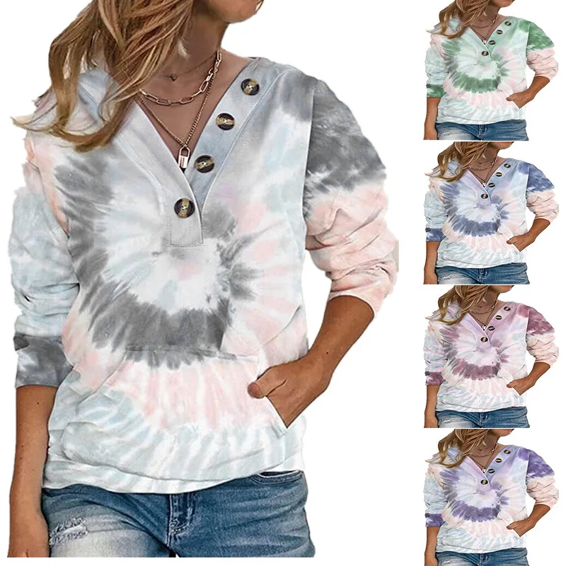 2021 Autumn Winter New Women Top V-neck Loose Tie-dye Fashion Printing Stitching Button Long-sleeved Sweate Casual Loose T-shirt
2021 Autumn Winter New Women Top V-neck Loose Tie-dye Fashion Printing Stitching Button Long-sleeved Sweate Casual Loose T-shirt