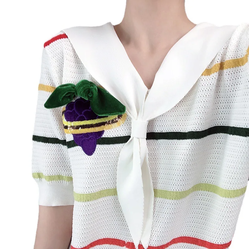 2021 Women T-Shirts Striped Summer Tees A Beading Embroidery Short Sleeve Knit Top Sailor Collar Casual Harajuku Lady Pullovers
2021 Women T-Shirts Striped Summer Tees A Beading Embroidery Short Sleeve Knit Top Sailor Collar Casual Harajuku Lady Pullovers