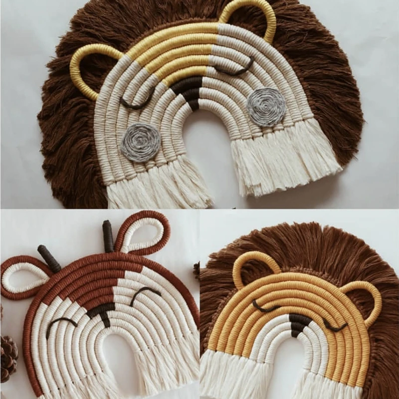 Macrame Cotton Rope Woven Cartoon Deer/Lion Animal Tapestries Pendant Children Nursery Room Wall Hanging Decorations