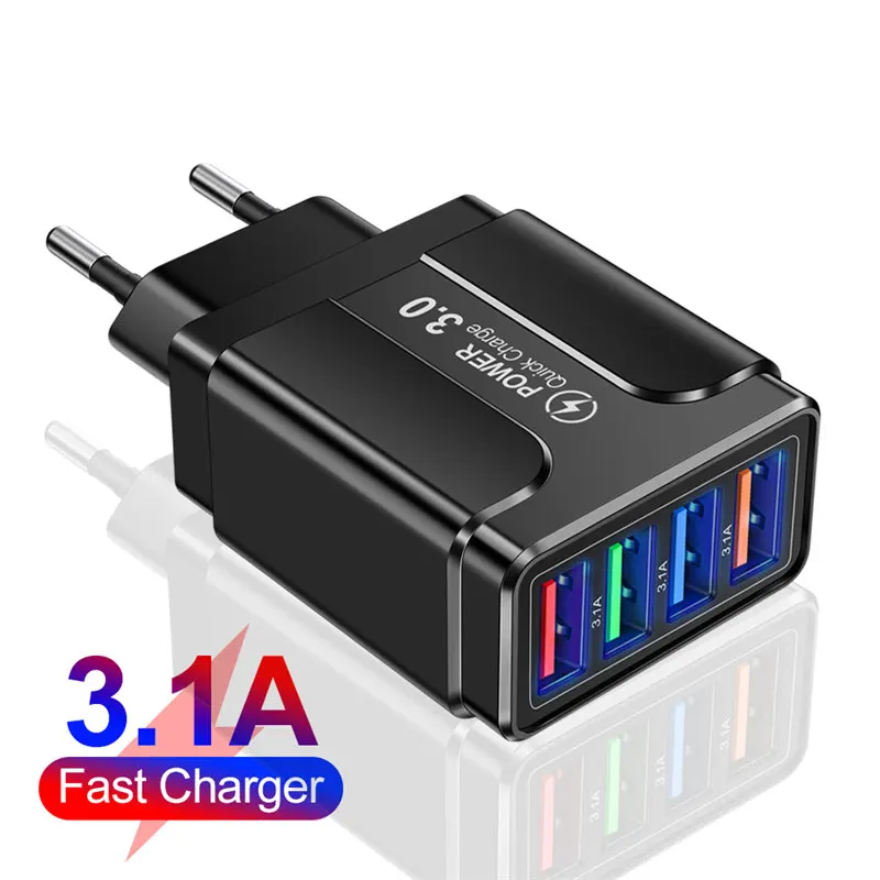 

15W USB Charger 3.1A 4 Ports Quick Charge 3.0 Universal Mobile Phone Chargers Fast Charging For iPhone 12 Xiaomi Samsung Tablet