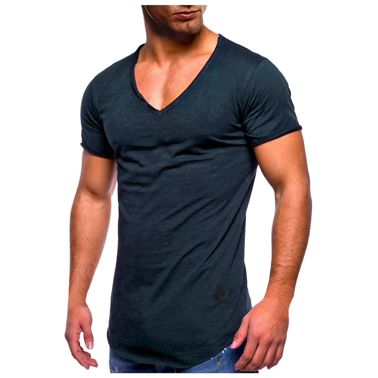 Мужская облегающая футболка однотонная Повседневная с глубоким V-образным