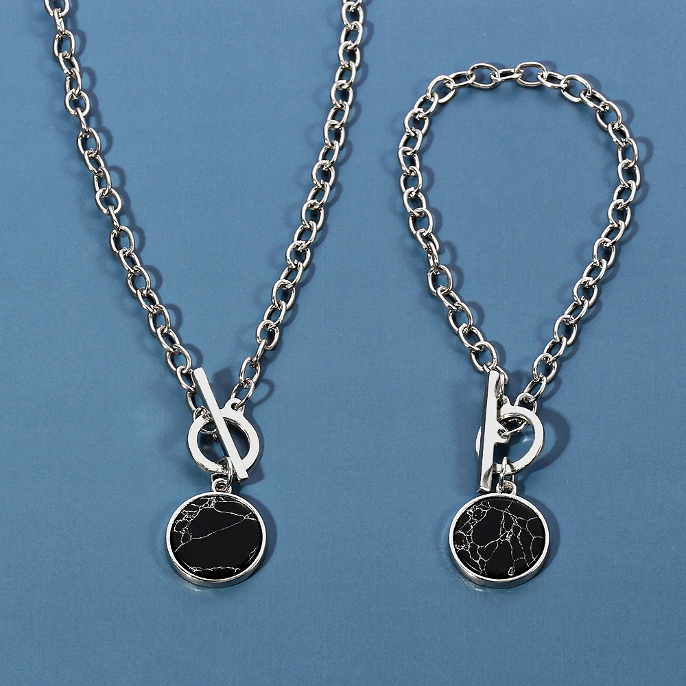 Ожерелье с подвеской из черного круглого мрамора искусственная Цепочка-ожерелье