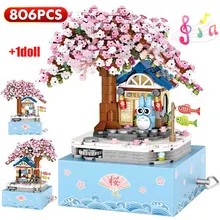 Mini Cherry blossoms Rotating Music Box Building Blocks City Friends Tree House DIY Bricks Toys for Girls Children Gift