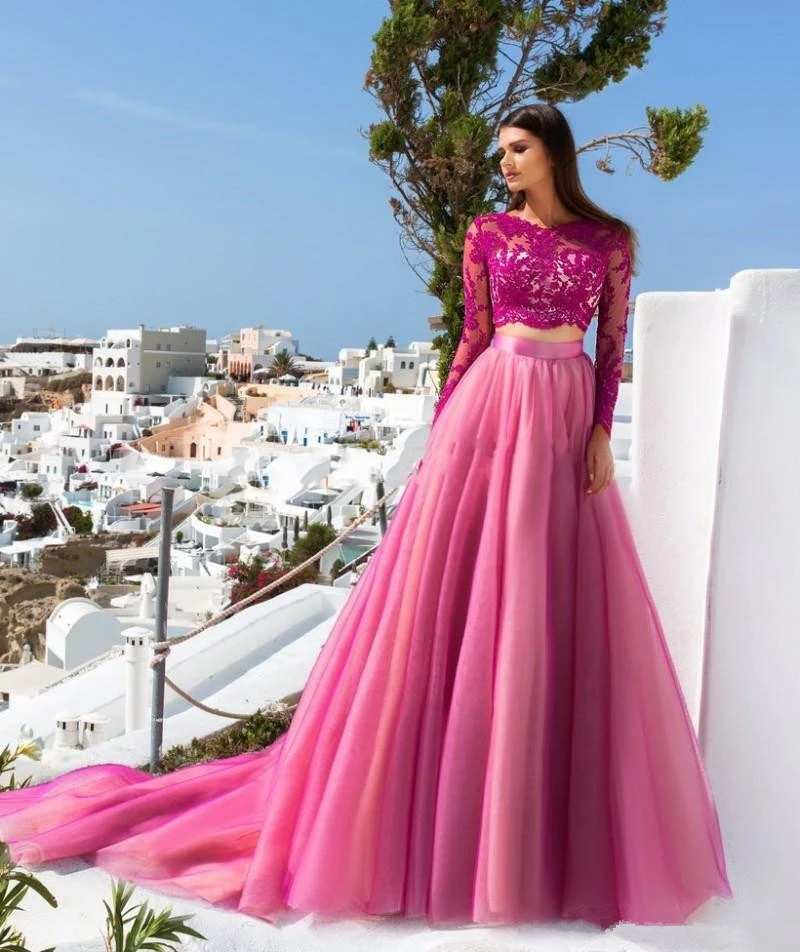 2020 Hot Pink Two Piece Eevning Dresses Lace Long Sleeves A-line Appliques Tulle Long Formal Prom Party Gown Vestidos
2020 Hot Pink Two Piece Eevning Dresses Lace Long Sleeves A-line Appliques Tulle Long Formal Prom Party Gown Vestidos