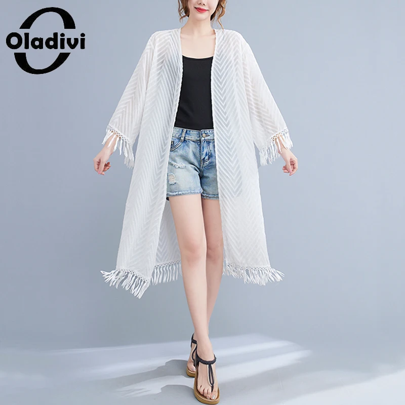 Женская шифоновая блузка Oladivi с защитой от солнца, Прозрачная Тонкая рубашка с рукавом-бахромой, Длинные Топы, Кимоно размера L 4XL, лето 2021
Женская шифоновая блузка Oladivi с защитой от солнца, Прозрачная Тонкая рубашка с рукавом-бахромой, Длинные Топы, Кимоно размера L 4XL, лето 2021