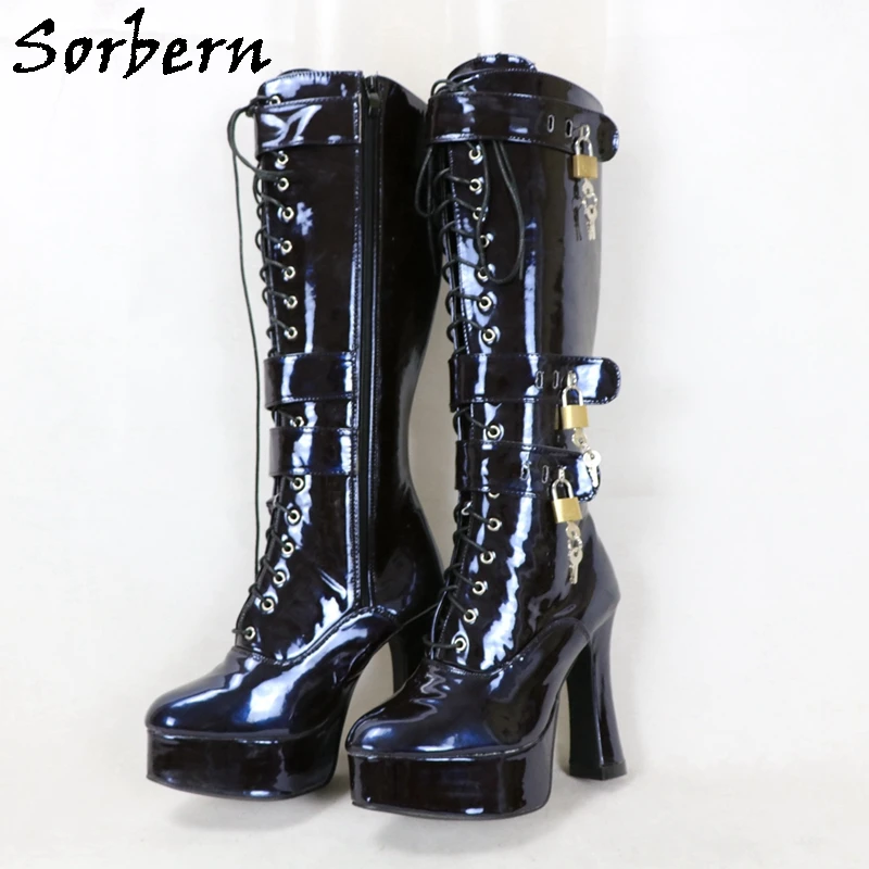 Sorbern Blue Metallic Locking Women Boots Knee High 6 Lockable Strap Lace Up Block Heels Spool Platform Sexy Fetish Boot Lady
Sorbern Blue Metallic Locking Women Boots Knee High 6 Lockable Strap Lace Up Block Heels Spool Platform Sexy Fetish Boot Lady