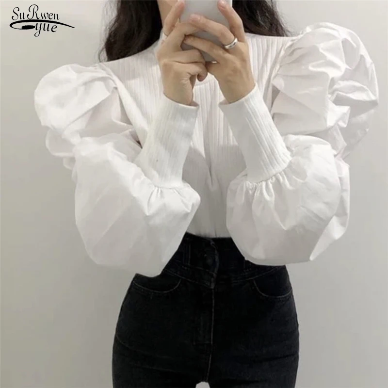 

Spring New Classic Black and White Short Slim Bottoming Tops for Women Retro Bubble Sleeves Spliced Blouse Chemisier Femme 12741